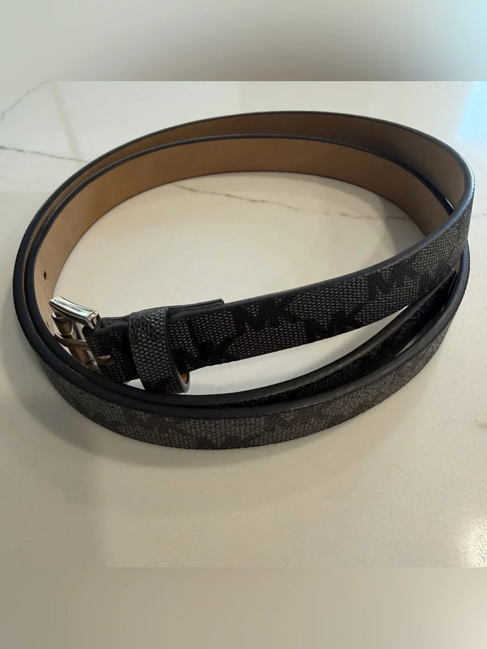 Micahel Kors Black Patterned Leather Belt with Silver Buckle